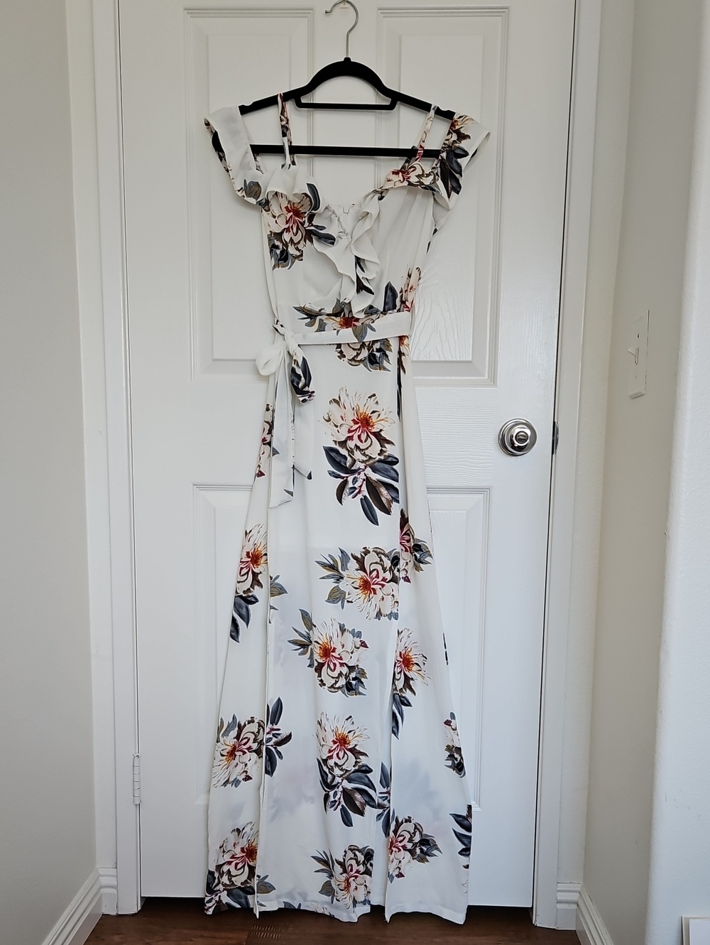 Women's White Floral Maxi Dress with Ruffle Details